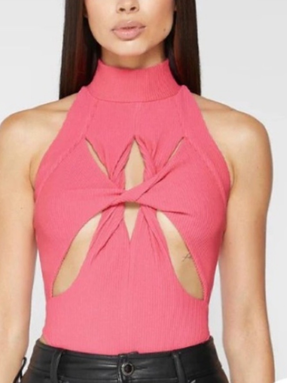 MANIER DE VOIR Twisted Cutout Front Ribbed High Neck Bodysuit